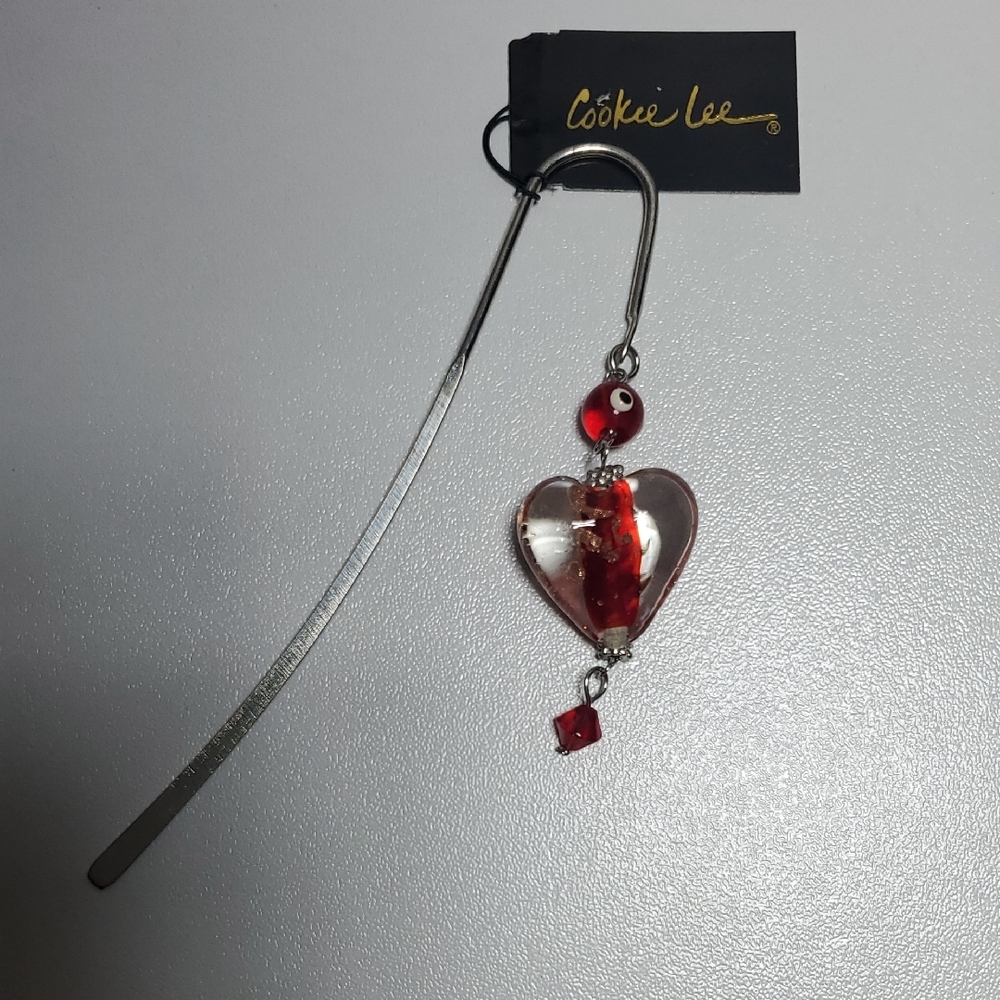 Cookie Lee Red and Silver Heart Book Hook Bookmark